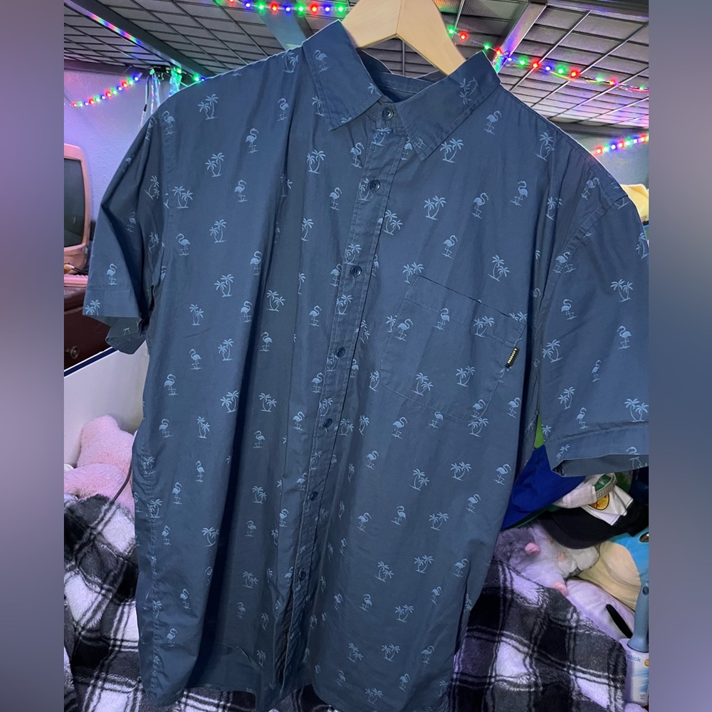 Cute blue button up with palm tree and flamingo print